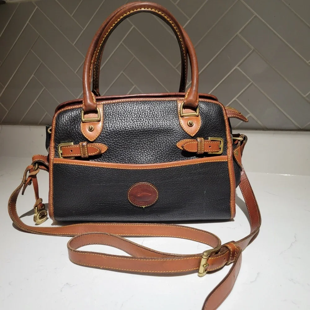Dooney & Bourke Vintage All Weather Leather Buckle Satchel Black Tan Bag 90s